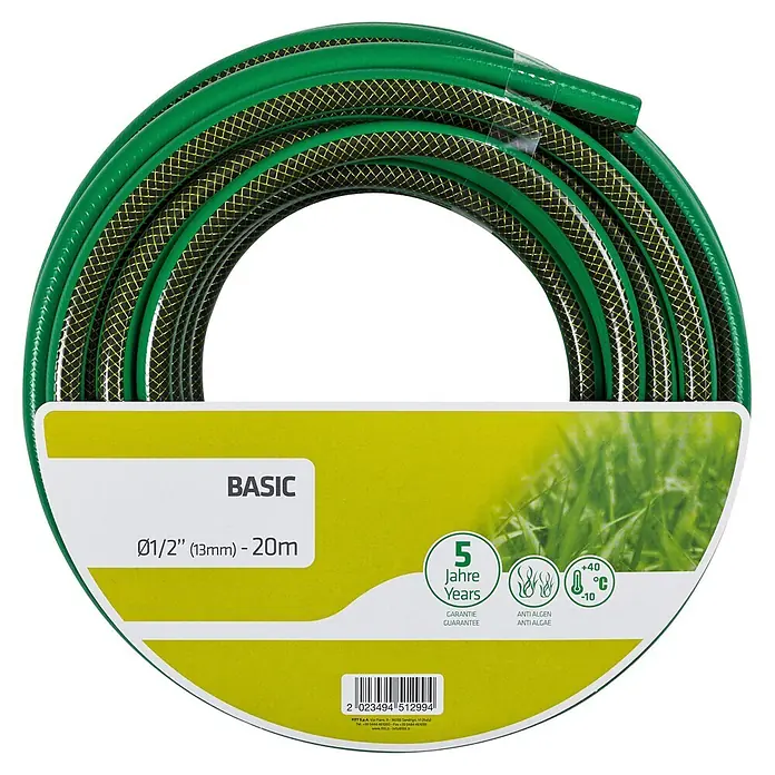 Gartenschlauch Basic - Länge: 25 m, Schlauchdurchmesser: 19 mm - Das Bild zeigt einen grünen Gartenschlauch "Basic" (Ø1/2" (13mm) - 20m) mit 5 Jahren Garantie, Anti-Algen-Schutz und Temperaturbeständigkeit.