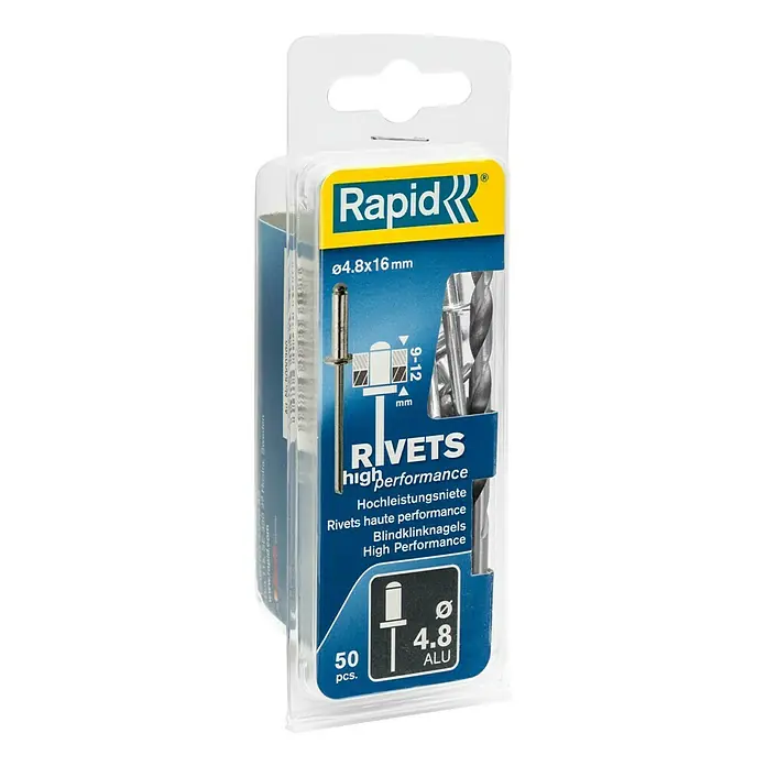 Rapid Blindniete ALU - Nietdurchmesser: 4,8 mm, Nietlänge: 16 mm, 50 Stk. - Rapid Blindnieten im Blisterpack. Die Nieten haben einen Durchmesser von 4,8 mm und eine Länge von 16 mm, geeignet für hochfeste Verbindungen.