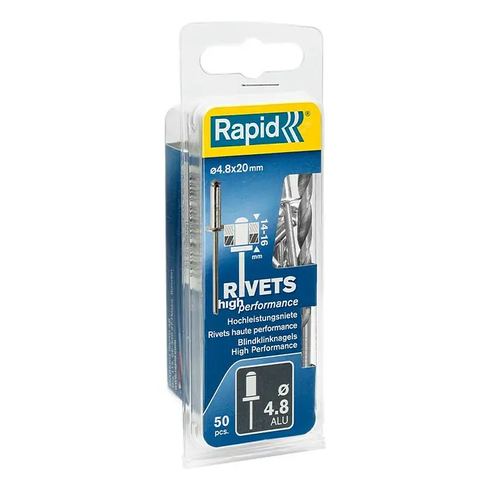 Rapid Blindniete ALU - Nietdurchmesser: 4,8 mm, Nietlänge: 20 mm, 50 Stk. - Bild einer Packung Rapid Hochleistungsnieten, Größe Ø4.8x20 mm, 50 Stück, aus Aluminium.
