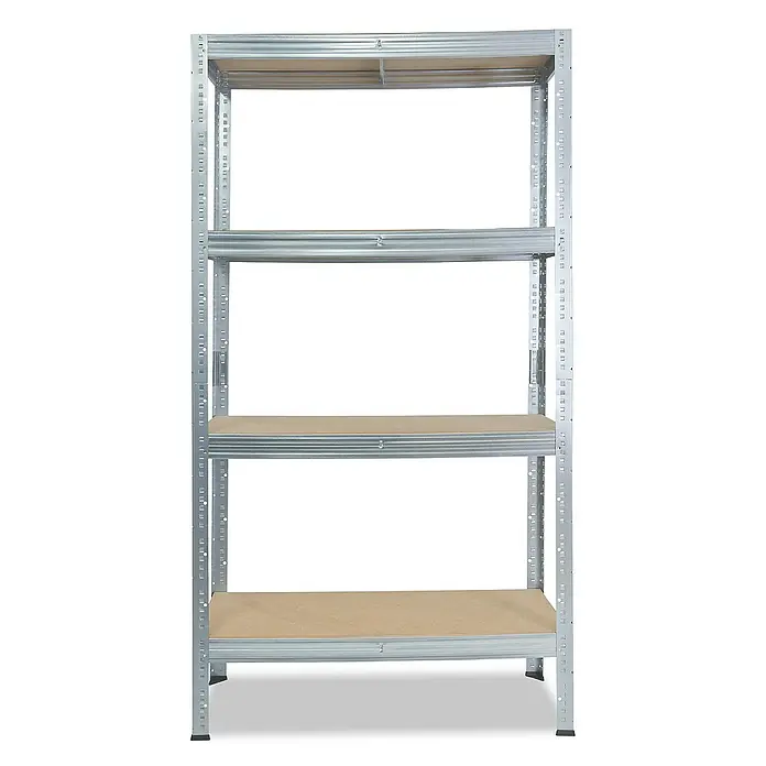 shelfplaza Schwerlastregal PRO - H x B x T: 155 x 45 x 50 cm, Traglast pro Boden: 200 kg, Stecken, verzinkt - Ein graues Metallregal mit vier Regalböden aus Holz, ideal für Garage oder Keller.