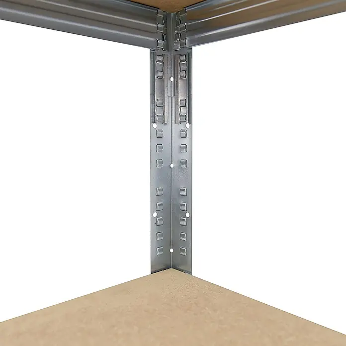 shelfplaza Schwerlastregal PRO - H x B x T: 180 x 100 x 45 cm, Traglast pro Boden: 200 kg, Stecken, verzinkt - Nahaufnahme eines Lagerregals aus Metall mit Regalböden aus Holzwerkstoff.