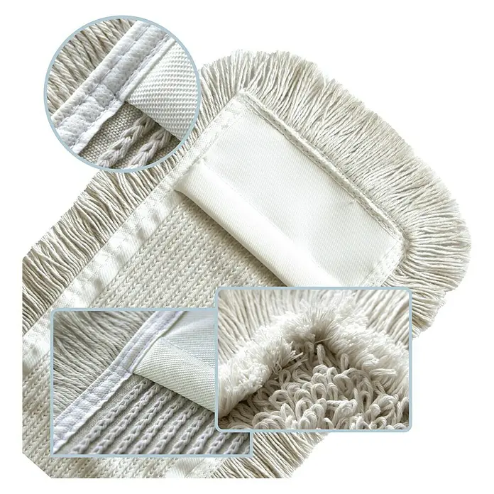 Baumwollmopp - 70 % Baumwolle, 30 % Polyester, Breite: 50 cm - Detailaufnahme eines weißen Baumwollmopps mit Fransen und einem weißen Befestigungsband, das die hochwertige Textur betont.
