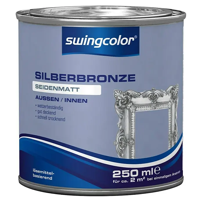 swingcolor Effektlack - Silber, Seidenmatt, 250 ml, Lösemittelbasiert - Abbildung einer Dose Swingcolor Silberbronze Seidenmatt Farbe für den Innen- und Außenbereich, Inhalt 250ml, für ca. 2 m² Anstrich.