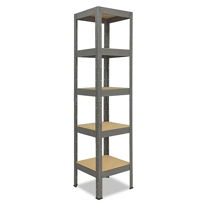 shelfplaza Schwerlastregal PRO - H x B x T: 155 x 50 x 50 cm, Traglast pro Boden: 200 kg, Stecken, grau - Abbildung eines grauen, fünfstöckigen Metallregals mit Spanplattenböden, ideal für Lagerung. Das Regal ist robust und vielseitig.