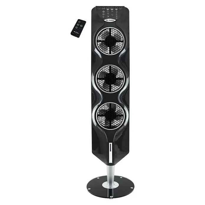 Proklima Turmventilator - Schwarz, 112,4 cm - Abbildung eines schlanken, schwarzen Pro Klima Turmventilators mit runden Lüftungsgittern und einer Fernbedienung.
