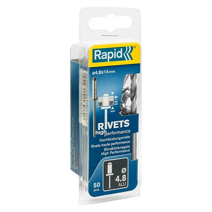 Rapid Blindniete ALU - Nietdurchmesser: 4,8 mm, Nietlänge: 14 mm, 50 Stk. - Bild einer Packung Rapid Blindnieten mit einem Durchmesser von 4,8x14mm. Die Packung enthält 50 Stück Aluminium-Blindnieten für hohe Beanspruchung.