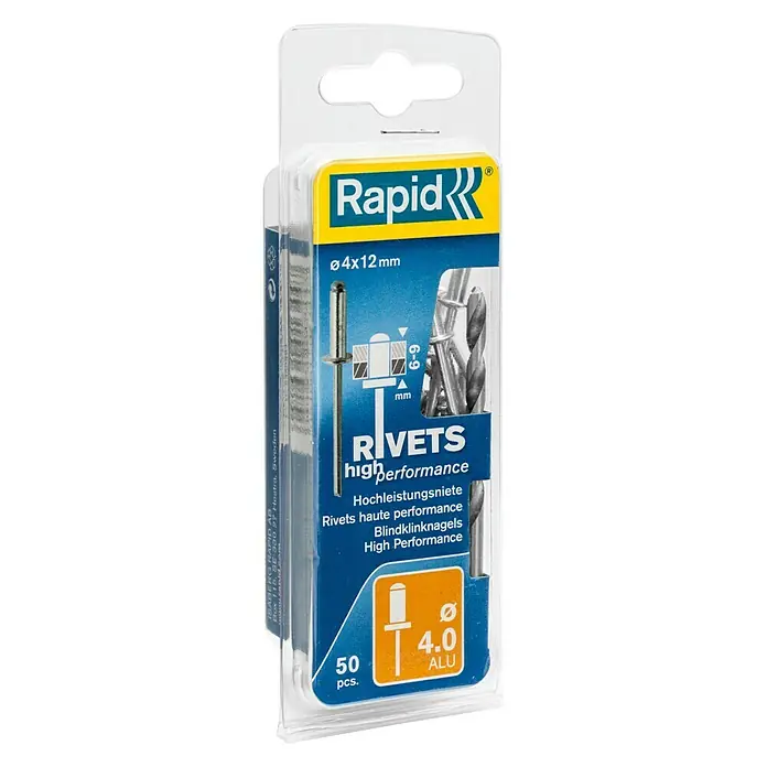 Rapid Blindniete ALU - Nietdurchmesser: 4 mm, Nietlänge: 12 mm, 50 Stk. - Verpackung Rapid Hochleistungsnieten, 4x12 mm, 50 Stück. Ideal für vielfältige Anwendungen, hohe Qualität und einfache Verarbeitung.