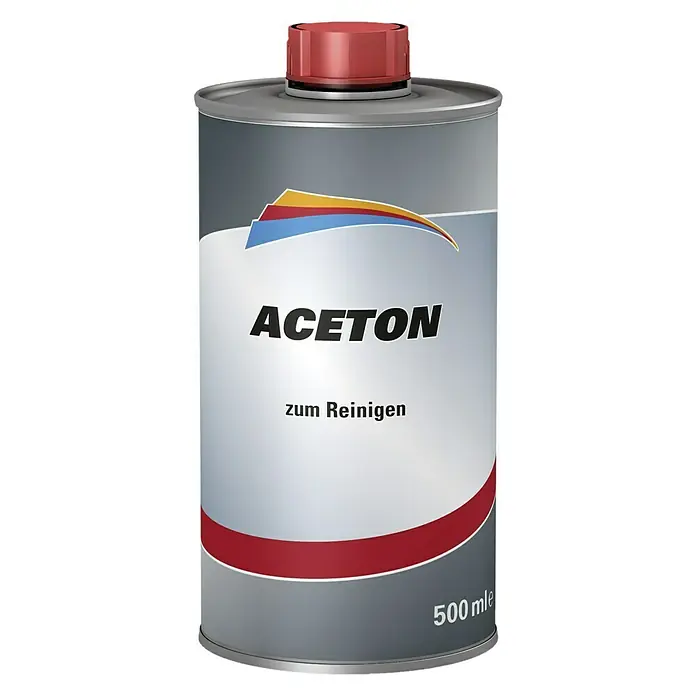 Aceton - 500 ml - Eine Dose Aceton zum Reinigen, mit rotem Deckel und dem Schriftzug "Aceton zum Reinigen" auf der Vorderseite.