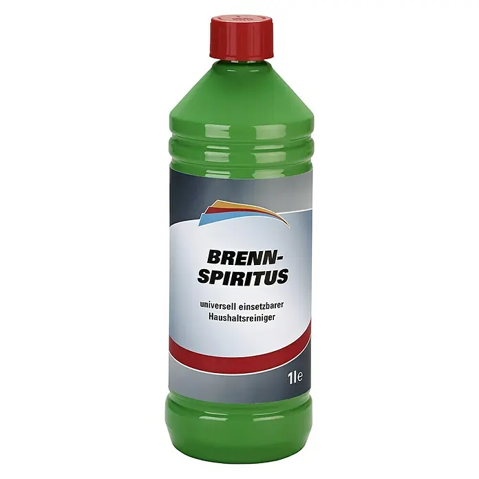 Brennspiritus - 1 l - Eine grüne Flasche Brennspiritus Universal-Haushaltsreiniger mit rotem Deckel, die eine vielseitige Reinigungslösung für den Haushalt bietet.