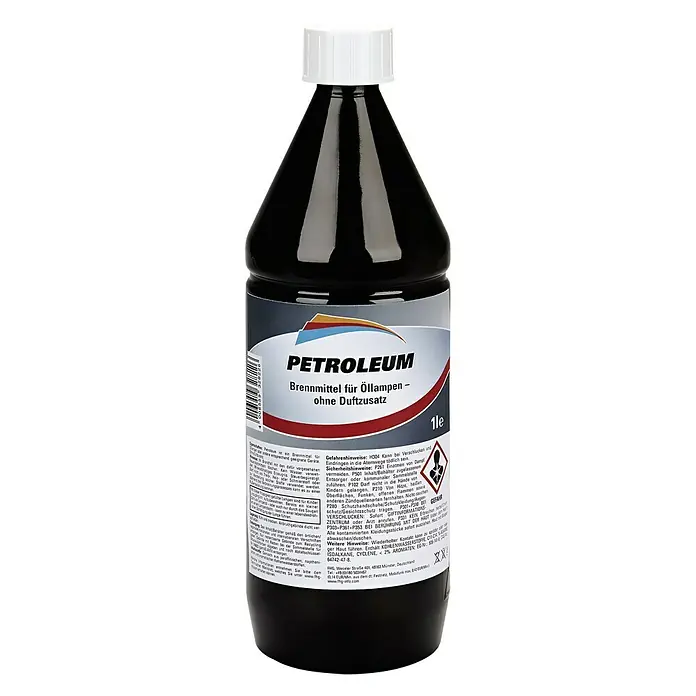 Petroleum - 1 l - Bild einer Petroleumflasche, einem Brennmittel für Öllampen ohne Duftzusatz. Das Produkt ist in einer 1-Liter-Flasche erhältlich.