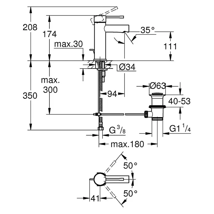 Grohe Essence New Waschtischarmatur S-Size - Höhe: 20,8 cm, Chrom, Glänzend - Detaillierte technische Zeichnung einer Armatur mit Maßangaben für Installation und Design.