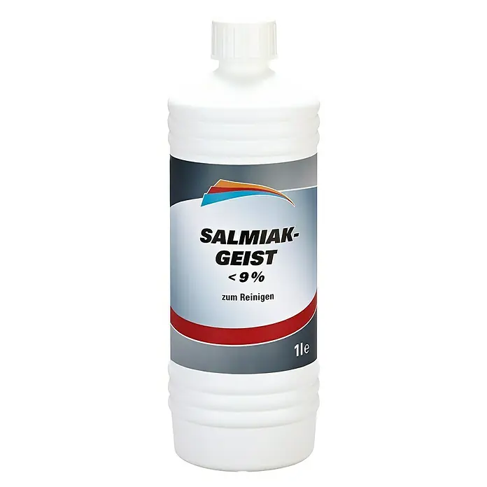 Salmiakgeist1 l - Bild einer Flasche Salmiakgeist <9% zum Reinigen. Das Produkt ist für die Reinigung gedacht und kommt in einer weißen Plastikflasche.