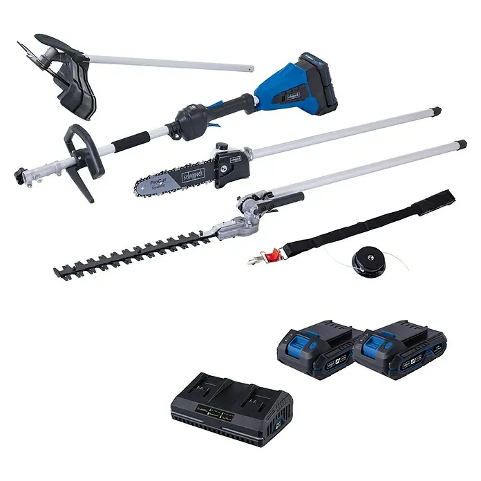 Scheppach IXES 20V Akku-Multifunktionswerkzeug BC-MFH400-X Set -  - Scheppach Multifunktionswerkzeug mit verschiedenen Aufsätzen, zwei Akkus und einem Ladegerät für den vielseitigen Einsatz im Garten.
