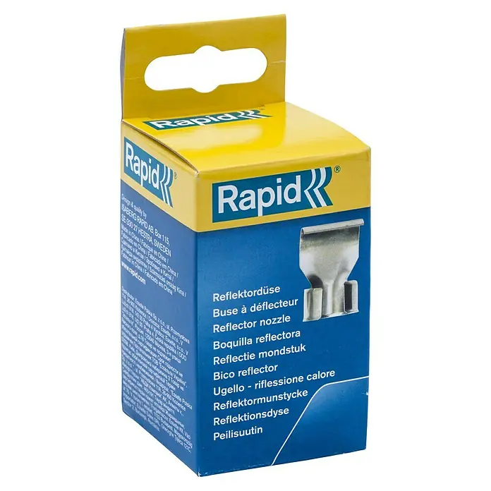 Rapid Reflektordüse - Durchmesser: 35,5 mm, Passend für: Heißluftgebläse - Die Verpackung einer Rapid Reflektordüse, einem Zubehörteil für Heißluftpistolen, in Gelb und Blau mit Produktabbildung.