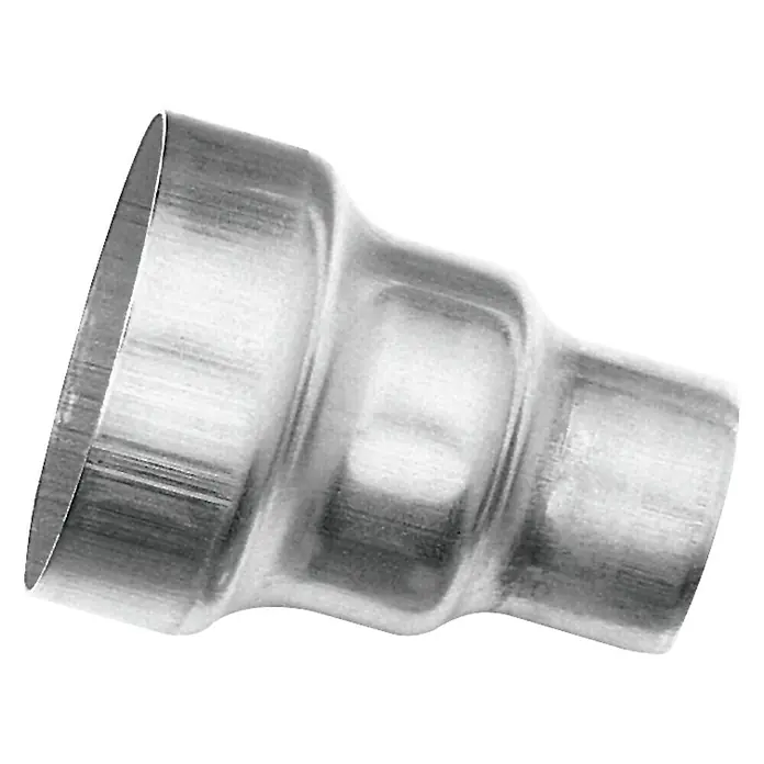Rapid Reduzierdüse - Durchmesser: 20 mm, Passend für: Heißluftgebläse - Bild eines polierten Auspuffrohrreduzierstücks aus Metall, das von einem breiteren zu einem schmaleren Durchmesser übergeht.