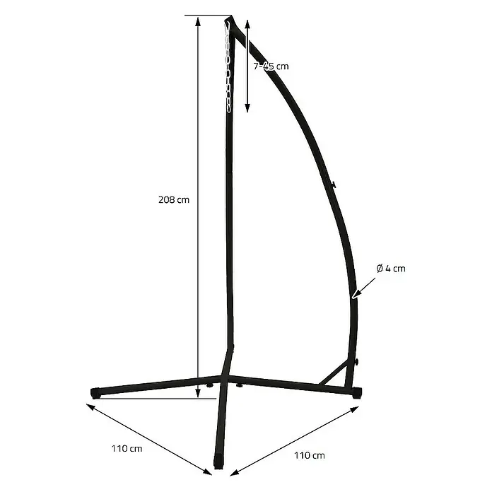 ECD Germany Hängesesselgestell Schwarz Gestell für Hängestuhl Hängeschaukel Hängesitz, Innen & Außen - L x B x H: 110 x 110 x 208 cm, Metall - Abbildung eines schwarzen Hängesesselständers mit Maßangaben zu Höhe und Durchmesser.