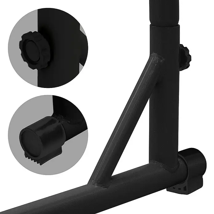 ECD Germany Hängesesselgestell Schwarz Gestell für Hängestuhl Hängeschaukel Hängesitz, Innen & Außen - L x B x H: 110 x 110 x 208 cm, Metall - Detailaufnahme einer Ballettstange mit Verstellknopf und Gummifüßen für Stabilität und individuelle Anpassung.