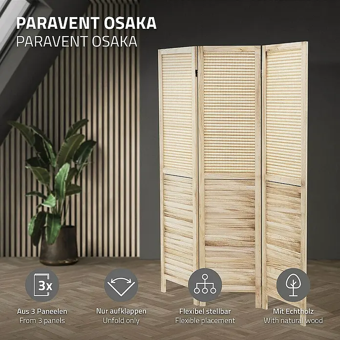 ML-Design Sichtschutzelement Raumtrenner 3-teilig Osaka Natur Holz freistehend Trennwand - B x H: 121 x 170 cm, Holz, Beige - Das Bild zeigt einen dreiteiligen Paravent Osaka aus Naturholz mit flexiblem Einsatz und einem dekorativen Flechtmuster.