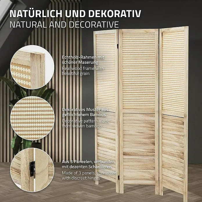 ML-Design Sichtschutzelement Raumtrenner 3-teilig Osaka Natur Holz freistehend Trennwand - B x H: 121 x 170 cm, Holz, Beige - Dreiteiliger Raumteiler aus hellem Holz und Bambus mit dekorativen Details und stabilen Scharnieren für eine flexible Raumgestaltung.