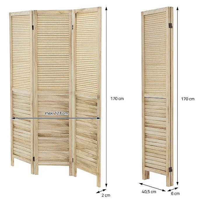 ML-Design Sichtschutzelement Raumtrenner 3-teilig Osaka Natur Holz freistehend Trennwand - B x H: 121 x 170 cm, Holz, Beige - Produktdarstellung: Raumteiler aus Holz mit Weidengeflecht, mit Maßangaben zu Höhe, Breite und Tiefe für den optimalen Überblick.