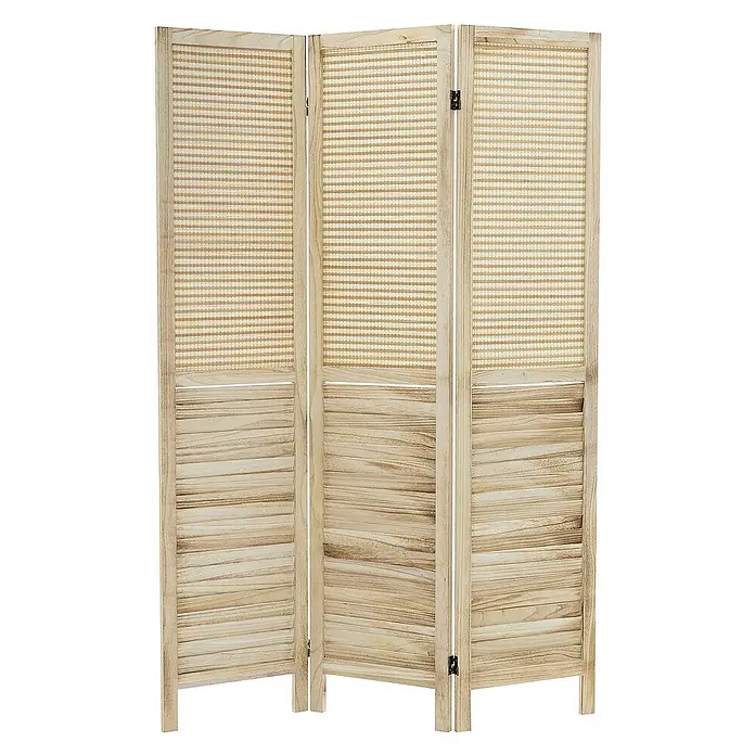 ML-Design Sichtschutzelement Raumtrenner 3-teilig Osaka Natur Holz freistehend Trennwand - B x H: 121 x 170 cm, Holz, Beige - Hölzerner, dreiteiliger Raumteiler mit Rattan-Einsätzen im oberen Bereich und horizontalen Holzpaneelen im unteren Bereich.