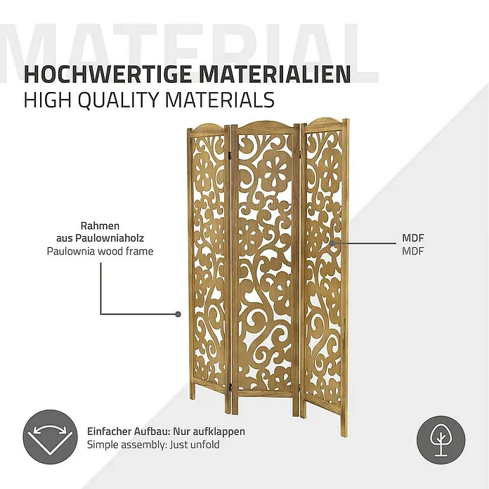 ML-Design Sichtschutzelement Raumtrenner 3-teilig Yokohama Natur freistehend Trennwand - B x H: 121 x 172 cm, Holz, Braun - Dekorativer Raumteiler aus Paulowniaholz und MDF, leicht aufzubauen. Hochwertige Materialien für eine stilvolle Raumgestaltung.