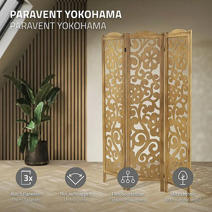 ML-Design Sichtschutzelement Raumtrenner 3-teilig Yokohama Natur freistehend Trennwand - B x H: 121 x 172 cm, Holz, Braun - Bild von Paravent YOKOHAMA aus Holz, bestehend aus 3 Paneelen, flexibel stellbar und einfach aufzuklappen.