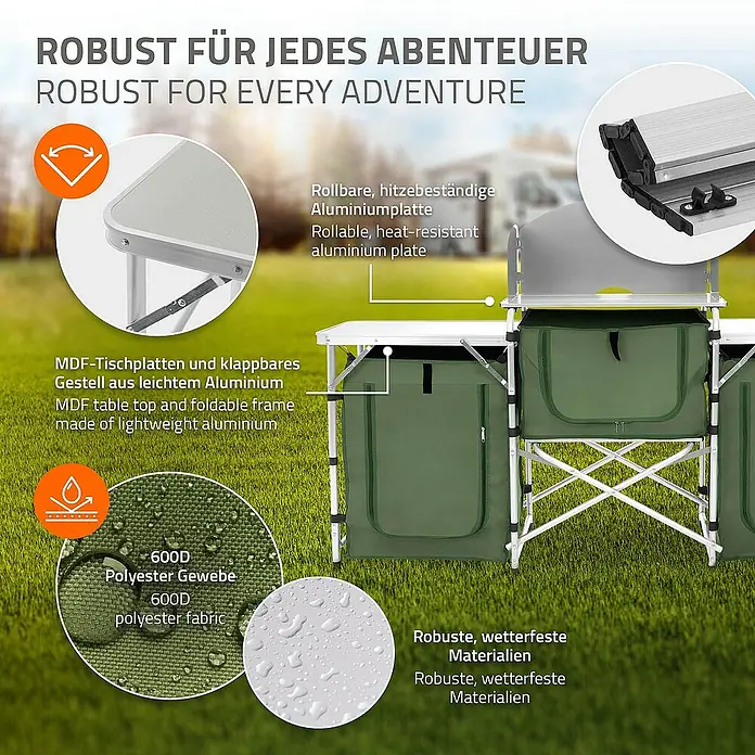 Hauki Campingtisch Camping Küche faltbar mit Tragetasche und Windschutz - L x B x H: 174,5 x 40 x 110,5 cm, Aluminium, 600D Oxford Gewebe, Grau, Khaki - Campingküchenschrank mit robuster Aluminiumplatte und wetterfesten Materialien für jedes Abenteuer.
