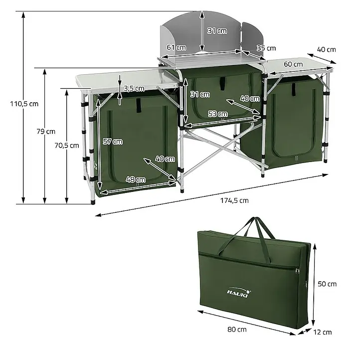 Hauki Campingtisch Camping Küche faltbar mit Tragetasche und Windschutz - L x B x H: 174,5 x 40 x 110,5 cm, Aluminium, 600D Oxford Gewebe, Grau, Khaki - Abbildung eines Hauki-Campingküchenschranks mit detaillierten Maßangaben, inklusive Tragetasche. Ideal für Outdoor-Kochbedürfnisse.