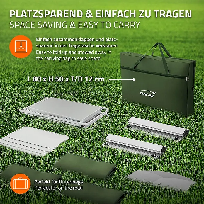 Hauki Campingtisch Camping Küche faltbar mit Tragetasche und Windschutz - L x B x H: 174,5 x 40 x 110,5 cm, Aluminium, 600D Oxford Gewebe, Grau, Khaki - Bild einer platzsparenden Campingliege mit Tragetasche und Zubehör, ideal für unterwegs.