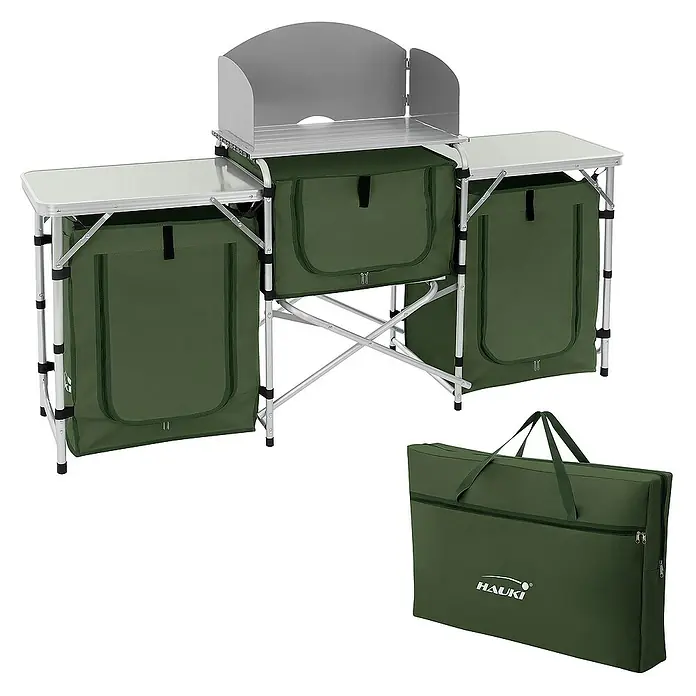 Hauki Campingtisch Camping Küche faltbar mit Tragetasche und Windschutz - L x B x H: 174,5 x 40 x 110,5 cm, Aluminium, 600D Oxford Gewebe, Grau, Khaki - Campingküche mit Windschutz, Arbeitsflächen und Staufächern, inklusive Tragetasche für einfachen Transport und Lagerung.