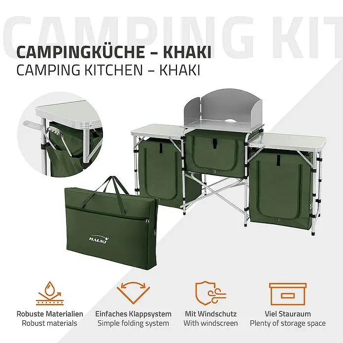 Hauki Campingtisch Camping Küche faltbar mit Tragetasche und Windschutz - L x B x H: 174,5 x 40 x 110,5 cm, Aluminium, 600D Oxford Gewebe, Grau, Khaki - Abbildung einer Campingküche in Khaki mit robusten Materialien, einfachem Klappsystem, Windschutz und viel Stauraum.