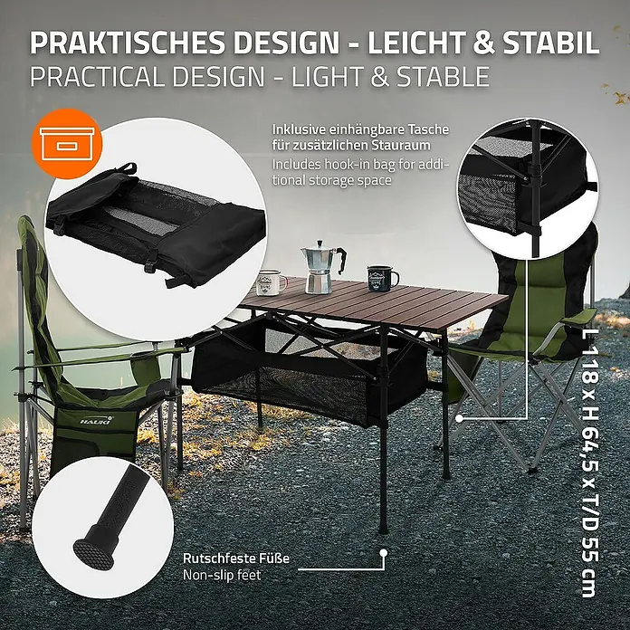 Hauki Campingtisch Camping-Set mit Aluminium Klapptisch inkl. 2 Campingstuhl Grün - L x B x H: 95 x 56 x 110 cm, Aluminium, Metall, 600D Polyester Gewebe, Braun, Grün - Bild eines praktischen, leichten und stabilen Campingtisches mit Stühlen, inklusive einhängbarer Tasche für zusätzlichen Stauraum und rutschfesten Füßen.