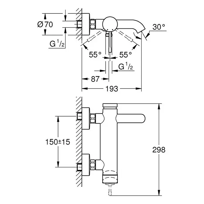 Grohe Essence Badewannenarmatur - Ausladung Armatur: 193 mm, Chrom, Glänzend - Technische Zeichnung einer Armatur mit Maßangaben zu Durchmesser, Winkel und Abständen für die Installation.