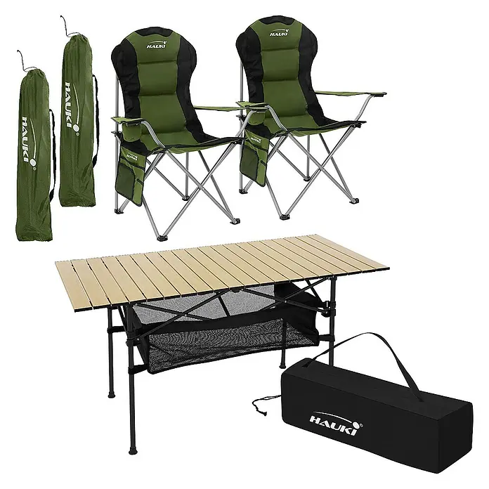 Hauki Campingtisch Camping-Set mit Aluminium Klapptisch inkl. 2 Campingstuhl Grün - L x B x H: 118 x 55 x 64,5 cm, Aluminium, Metall, Stahl, Polyester, Beige, Grün - Campingmöbelset: Zwei grüne Stühle mit Tragetaschen und ein Campingtisch mit Aufbewahrungsnetz und Tragetasche.