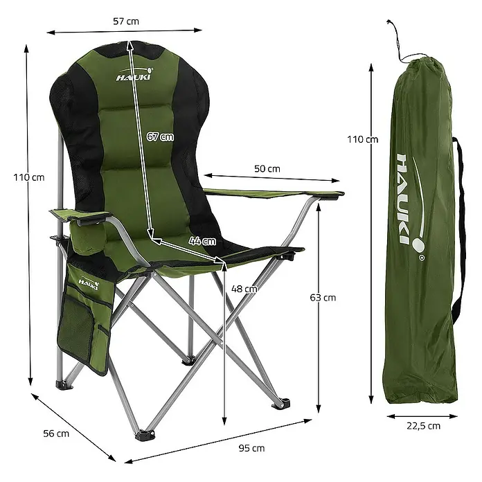 Hauki Campingstuhl 2er Set Klappstühle Khaki gepolsterte Angelstühle mit hoher Rückenlehne - Stahl , Polyester, Klappbar, Grün, B x T x H: 56 x 56 x 110 cm - Abbildung eines grünen HAUKI Campingstuhls mit Abmessungen und einer passenden Tragetasche.