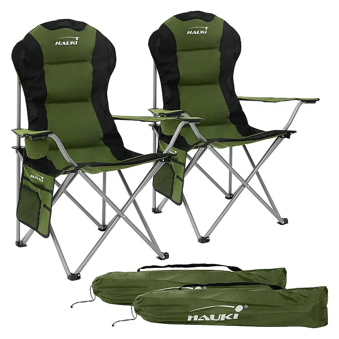 Hauki Campingstuhl 2er Set Klappstühle Khaki gepolsterte Angelstühle mit hoher Rückenlehne - Stahl , Polyester, Klappbar, Grün, B x T x H: 56 x 56 x 110 cm - Bild von zwei grünen Campingstühlen der Marke Hauki mit Tragetaschen. Ideal für Outdoor-Aktivitäten und komfortables Sitzen.