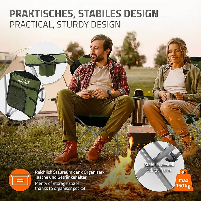 Hauki Campingstuhl 2er Set Klappstühle Khaki gepolsterte Angelstühle mit hoher Rückenlehne - Stahl , Polyester, Klappbar, Grün, B x T x H: 56 x 56 x 110 cm - Ein Paar sitzt auf stabilen Campingstühlen von Hauki mit Getränkehalter und Stauraum, ideal für Outdoor-Abenteuer.