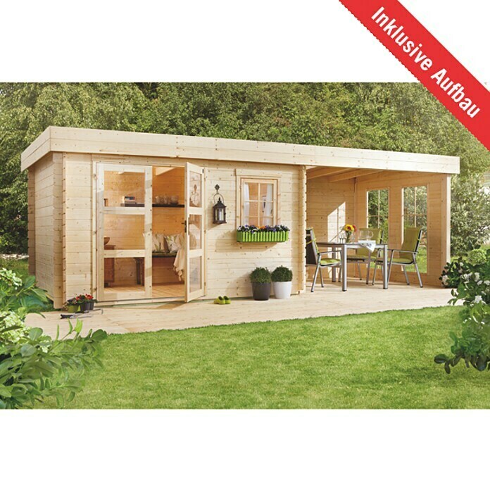 Kiehnholz Vrtna hiška Lounge 3  (Zunanje dimenzije vključno s strešnim previsom (Š x G): 605 x 282 cm, Les, Rjava) | 7435 - Blockbohlenhäuser | IAGD - Gartenhäuser | IAG - Außenbereichsausstattung | IA - Gartenhartware | I - Stadtgarten | BAUHAUS