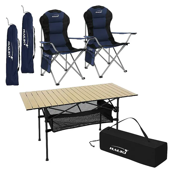 Hauki Campingtisch Camping-Set mit Aluminium Klapptisch inkl. 2 Campingstuhl Blau - L x B x H: 118 x 55 x 64,5 cm, Aluminium, Metall, Stahl, Polyester, Beige, Blau - Hauki Camping-Set mit Tisch und zwei Stühlen mit Tragetaschen, ideal für Outdoor-Abenteuer und komfortable Entspannung.