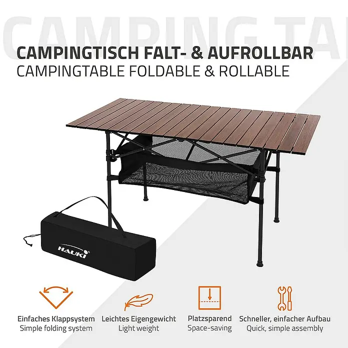 Hauki Campingtisch Klapptisch faltbar aus Aluminium inkl. Tragetasche - L x B x H: 118 x 55 x 64,5 cm, Aluminium, Metall, Braun, Schwarz - Campingtisch mit Holzplatte und Tragetasche, faltbar und rollbar, ideal für Campingausflüge und den einfachen Transport.