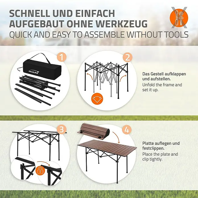 Hauki Campingtisch Klapptisch faltbar aus Aluminium inkl. Tragetasche - L x B x H: 118 x 55 x 64,5 cm, Aluminium, Metall, Braun, Schwarz - Aufbauanleitung für einen Tisch. Schnell und einfach ohne Werkzeug aufgebaut, mit dazugehörigen Texten zur Erklärung der Schritte.