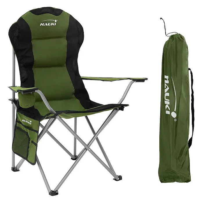 Hauki Campingstuhl Faltstühl faltbar mit Getränkehalter & Tragetasche bis 150kg - Stahl, Polyester, Klappbar, Khaki, B x T x H: 56 x 56 x 110 cm - Ein grüner Hauki-Campingstuhl mit Tragetasche für Outdoor-Abenteuer. Ideal für Campingausflüge und bequemes Sitzen in der Natur.
