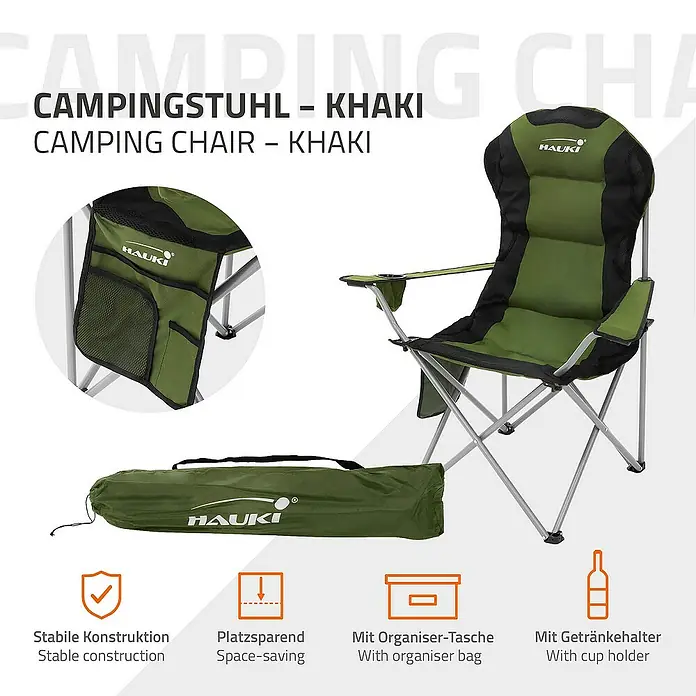Hauki Campingstuhl Faltstühl faltbar mit Getränkehalter & Tragetasche bis 150kg - Stahl, Polyester, Klappbar, Khaki, B x T x H: 56 x 56 x 110 cm - Campingstuhl Khaki mit Organizer-Tasche, Getränkehalter und Packsack für einfachen Transport und platzsparende Aufbewahrung.