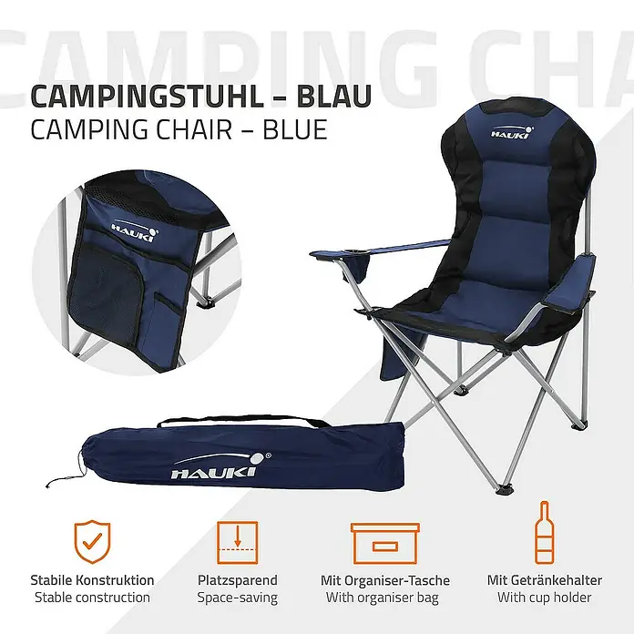 Hauki Campingstuhl 2er Set Klappstühle Blau gepolsterte Angelstühle mit hoher Rückenlehne - Stahl, Polyester, Klappbar, Blau, B x T x H: 56 x 56 x 110 cm - Campingstuhl in Blau mit stabilem Rahmen, Beutel, Getränkehalter und Tragetasche.