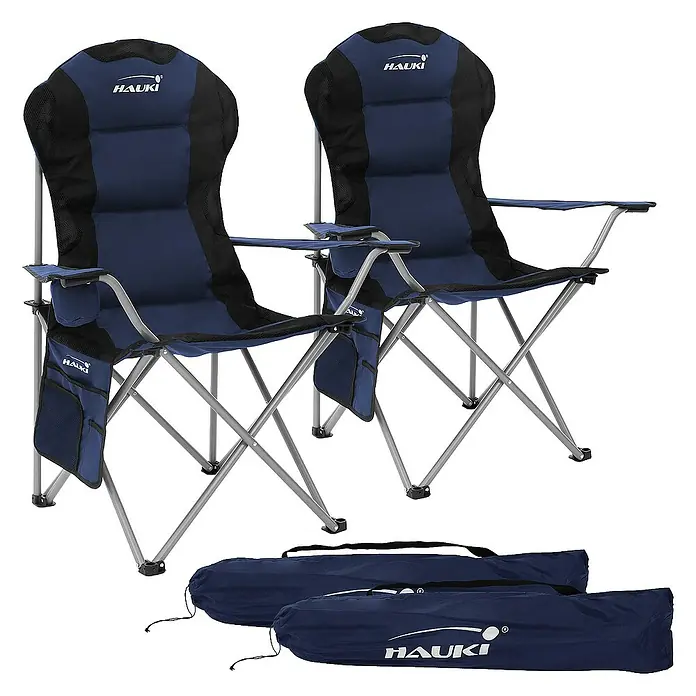 Hauki Campingstuhl 2er Set Klappstühle Blau gepolsterte Angelstühle mit hoher Rückenlehne - Stahl, Polyester, Klappbar, Blau, B x T x H: 56 x 56 x 110 cm - Zwei blaue Hauki Campingstühle mit Tragetaschen für Outdoor-Abenteuer und komfortables Sitzen in der Natur.