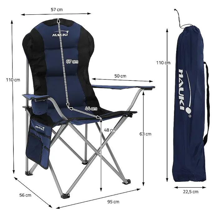 Hauki Campingstuhl 2er Set Klappstühle Blau gepolsterte Angelstühle mit hoher Rückenlehne - Stahl, Polyester, Klappbar, Blau, B x T x H: 56 x 56 x 110 cm - Abbildung eines blauen Hauki-Campingstuhls mit Maßen und einer Tragetasche.