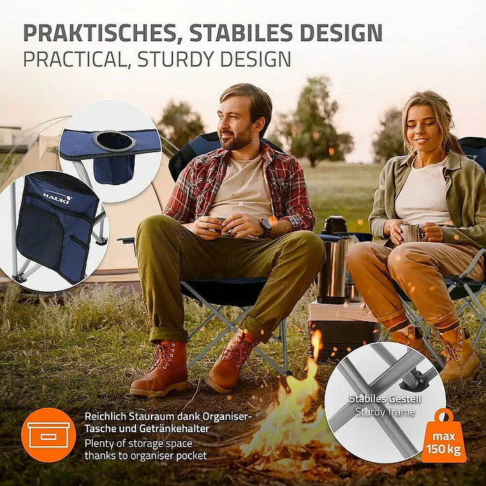 Hauki Campingstuhl 2er Set Klappstühle Blau gepolsterte Angelstühle mit hoher Rückenlehne - Stahl, Polyester, Klappbar, Blau, B x T x H: 56 x 56 x 110 cm - Campingstühle mit praktischem, stabilem Design, viel Stauraum dank Organizer-Tasche und Getränkehalter sowie stabilem Gestell.