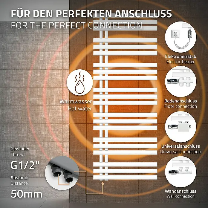 ECD Germany Elektro-Badheizkörper Design Handtuchheizkörper Handtuchwärmer Elektrisch mit Heizstab 1200W - B x H: 60 x 160 cm - Bild einer Heizung, die verschiedene Anschlussmöglichkeiten für Heizkörper und Warmwasser zeigt.
