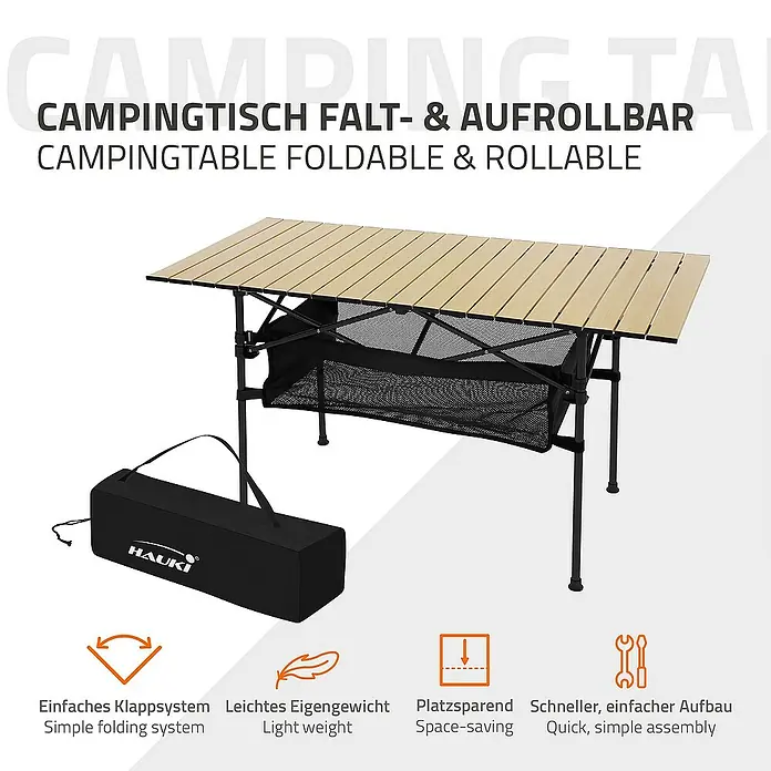 Hauki Campingtisch Klapptisch faltbar aus Aluminium inkl. Tragetasche - L x B x H: 118 x 55 x 64,5 cm, Aluminium, Metall, Beige, Schwarz - Klappbarer Campingtisch mit Tragetasche, leicht und platzsparend für Camping und Outdoor-Aktivitäten.